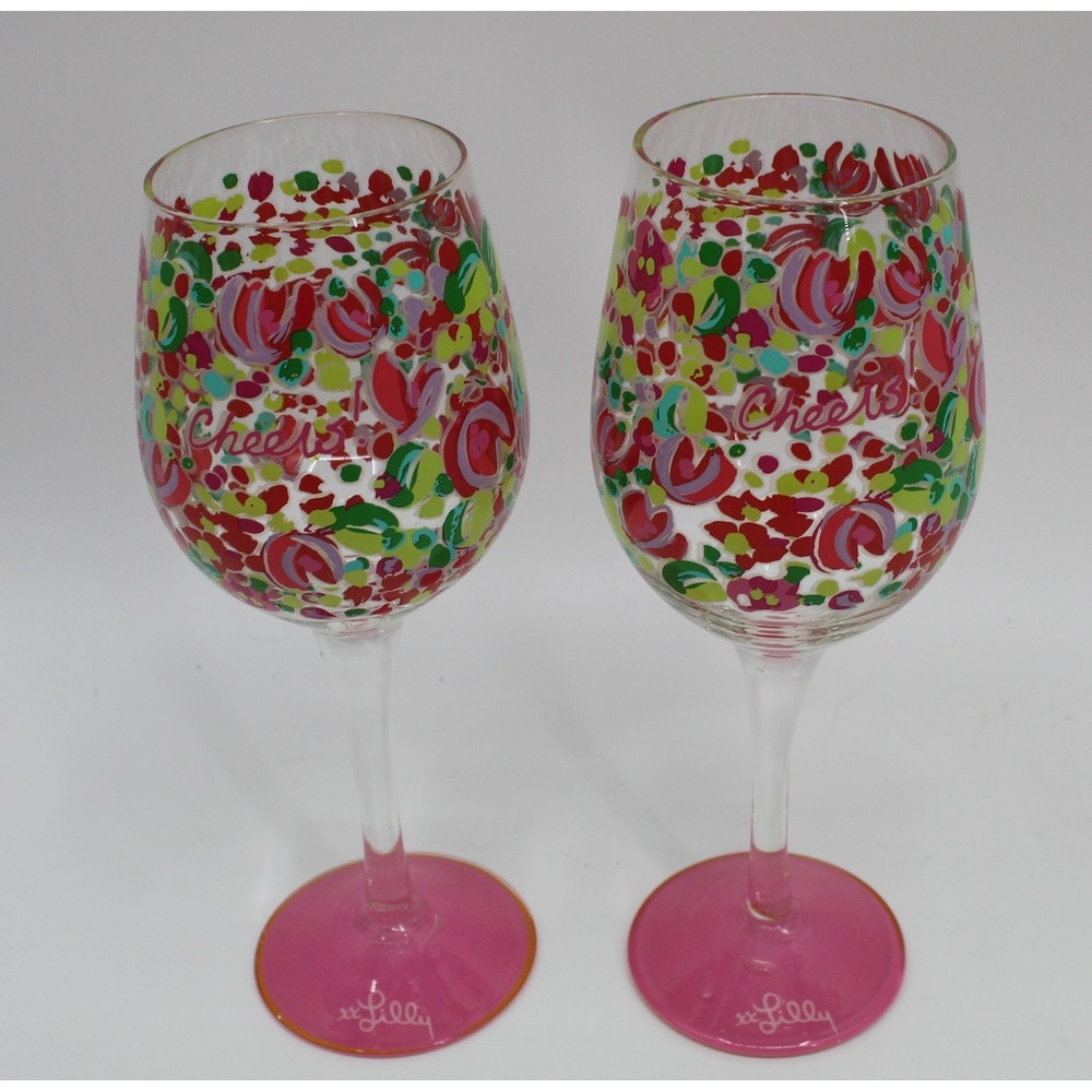 Lilly Pulitzer Hand Painted AcrylicWine Glass 15oz Cheers Wild Confetti Lot Of 2
